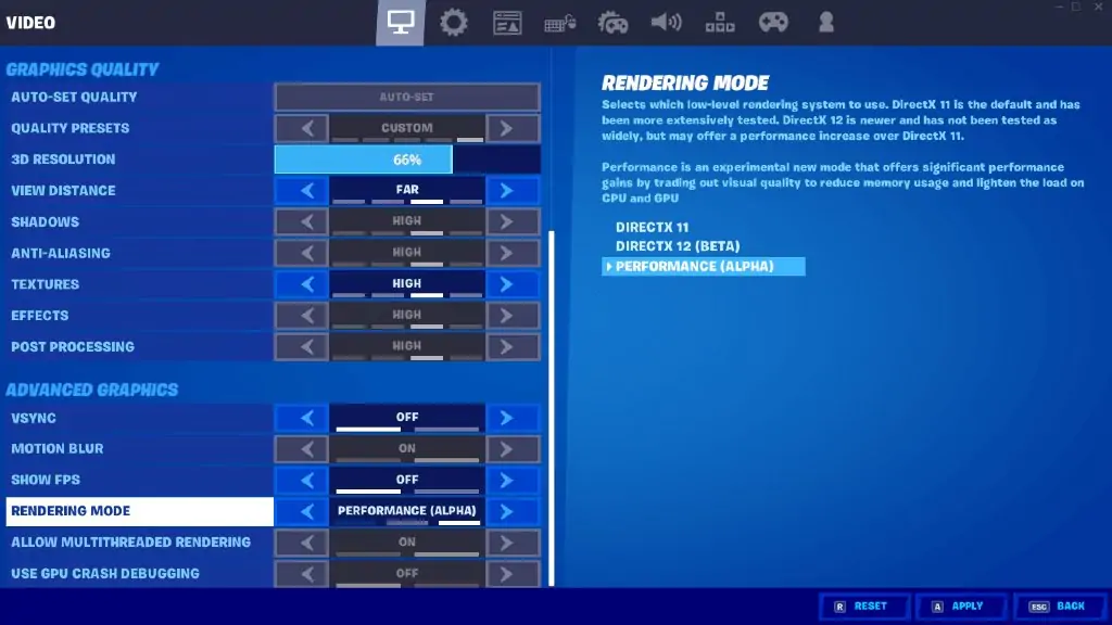 rendering mode fortnite alpha